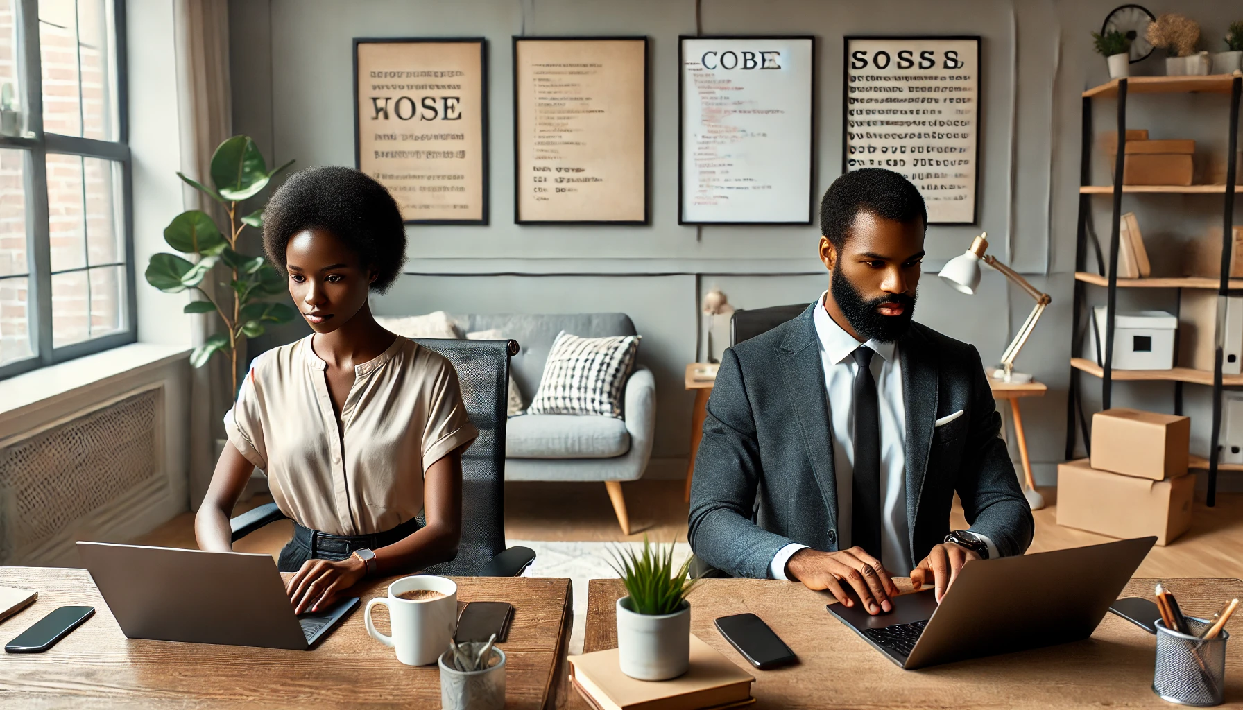 Professional man and a woman working working in a minimalist home office.