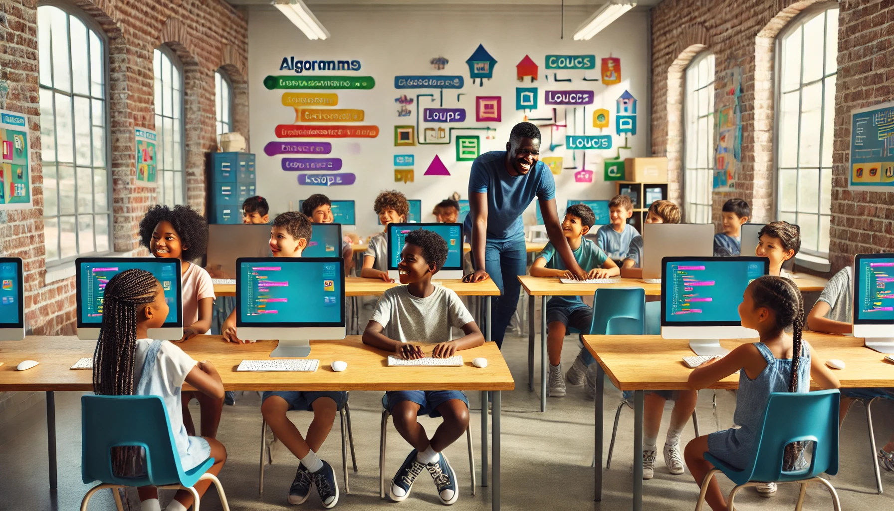 An energetic classroom with African Black children (ages 6-10) sitting at computers, deeply engaged in coding activities.